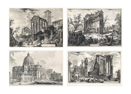 The Baths of Trajan; The Temple of Sibyl, Tivoli: the Broken Side of the Colonnade; St. Peter’s, from the Piazza della Sagrestia; The So-Called Temple of Hercules, at Cori (Hind 127, 62, 5, and 91)