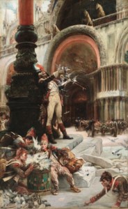 Tambour-major de l'armée française donnant à manger aux pigeons de la place Saint-Marc à Venise