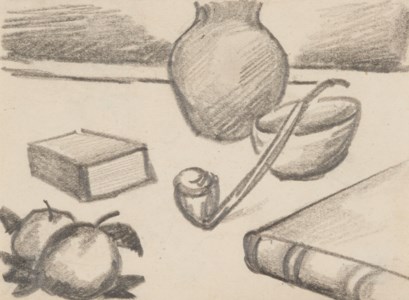Krug, Pfeife, Buch und Apfel