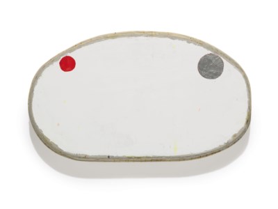 White Shape with Two Circles, One Silver