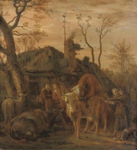 A tethered bull covering a cow in a farmyard