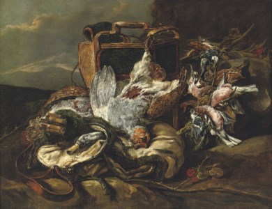 Game with hunting equipment in a rocky landscape
