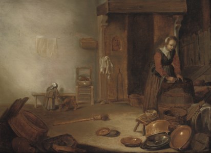A kitchen interior with a maid cleaning