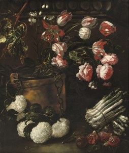 Tulips, roses and other flowers in a copper bucket with asparagus and figs