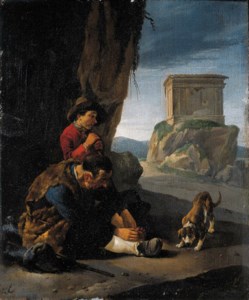 Vagabonds resting by a cliff on a pass; and A peasantwoman with her children resting by a fence in Italianate landscapes