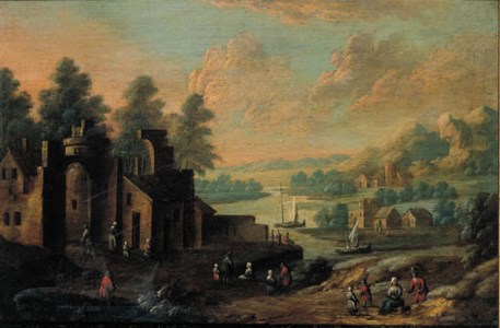 Peasants and travellers on roads by villages in river landscapes