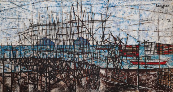 Shore Scene with Boats, Rocks and Scaffold-Like Poles