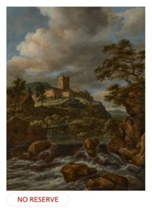 A waterfall with travellers on a footbridge and a castle beyond