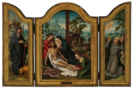 A Triptych: the central panel: The Lamentation, with The Deposition beyond; the wings: Saint Anthony Abbot, a burning city beyond; and Saint Francis of Assisi receiving the Stigmata