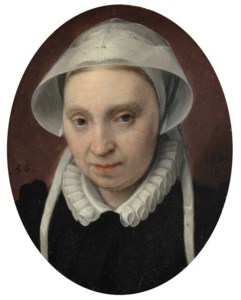 Portrait of a lady, bust-length, in a black dress, wearing a wing cap with starched tails and a white ruff