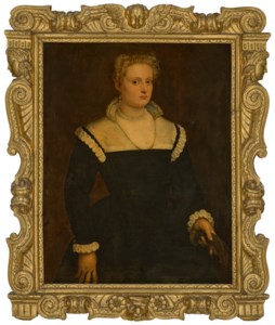 Portrait of a lady, traditionally identified as a member of the Morosini family of St Formos, three-quarter-length, in a black gown and gold-trimmed white partlet, holding a pair of gloves