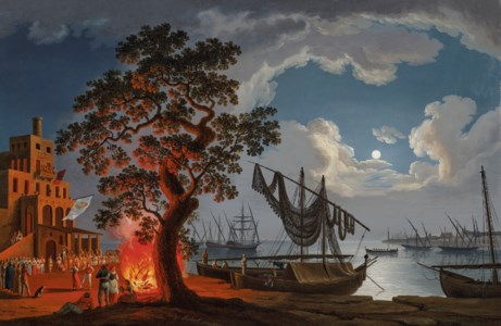 A customs house, with dancers and musicians next to a fire, boats in a bay beyond (possibly the harbour of Castellamare di Stabia, Bay of Naples)