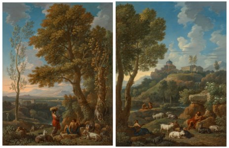 A classical Italianate landscape with a goatherd and his flock, mountains beyond; and A classical Italianate landscape with a shepherd and his flock, other figures and a hilltop town beyond