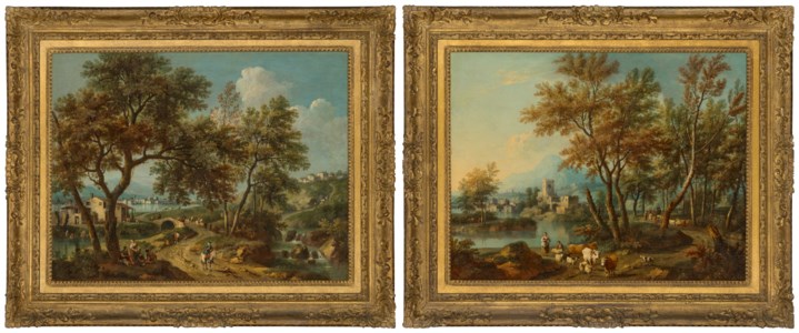 An Italianate landscape with a view of Lake Garda and Salo in the distance, with figures on a bridge; and An Italianate landscape with a view of Lake Garda with a shepherd and shepherdess watering their flock at a river