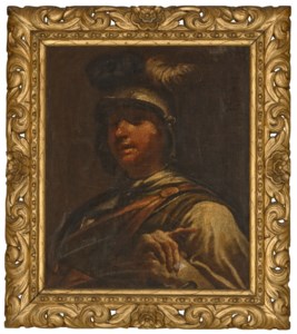 Young man wearing a plumed helmet, bust-length
