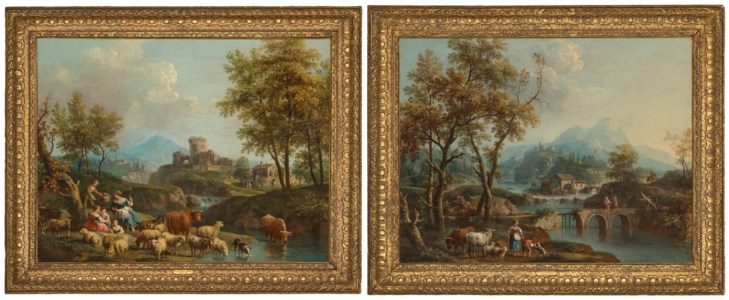 An Italianate lake landscape with travellers crossing a bridge, a lakeside town beyond; and An Italianate river landscape with drovers and cattle on a track, a village beyond