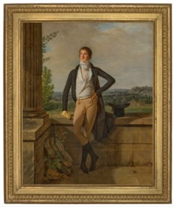 Portrait of Barthélémy Charles, Comte de Dreux-Nancré (1760-1863), small full-length, standing in front of a balustrade, a landscape beyond