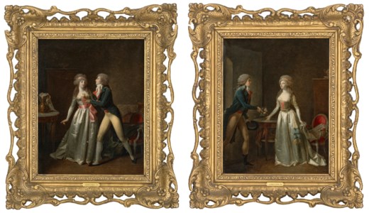 A young man proposing to a lady in an interior; and A young man presenting a lady with a bouquet of flowers in an interior