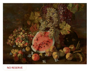 A watermelon, apples, pears and grapes in a landscape