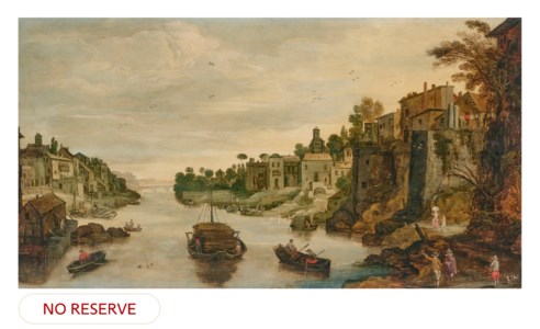 A town on a river, said to be Treviso, with barges, rowing boats and figures on a path