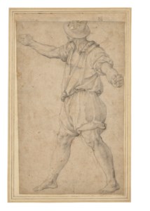 A standing man turning to the left with outstretched arms