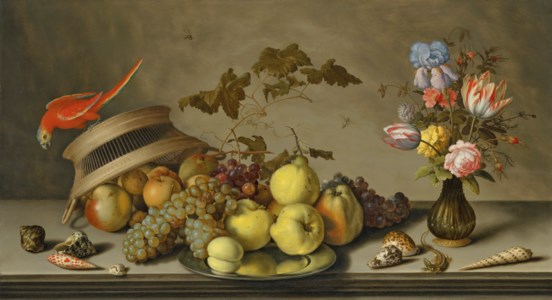 A parakeet on an upturned basket, with fruit, a pewter plate, a vase of flowers, insects, a lizard and shells on a stone ledge