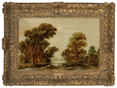 A wooded river landscape, with figures and a cottage near a footbridge