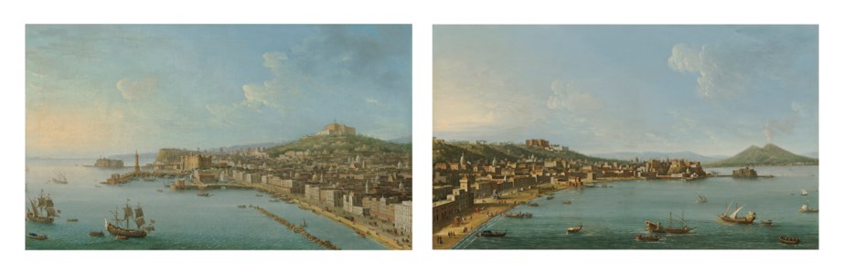 Naples, a view of the Riviera di Chiaia, from the north-west, with Vesuvius beyond; and Naples, from the south-east, with the Castel Nuovo