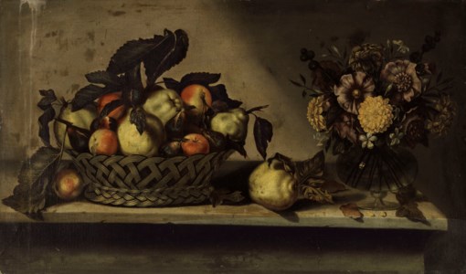 A basket of apples and quinces and flowers in a glass vase on a stone ledge