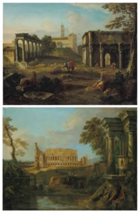 A capriccio Roman landscape with the Colosseum; and A capriccio Roman landscape with The Forum, the Arch of Septimius Severus and the Temple of Saturn, the Campidoglio beyond
