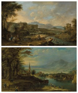 A mountainous river landscape with boaters, fishermen and a fortune teller; and A mountainous river landscape with a hunting party
