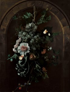A swag of grapes, hollyhocks, irises, mallow, African marigolds, clematis, a horse chestnut and blackberries with butterflies and other insects suspended before a stone arch