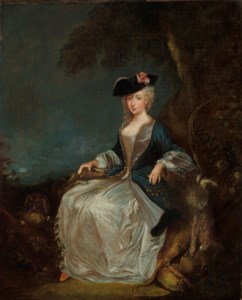 ` Retour de Chasse ': Portrait of Marie-Louise Sirois (1698-1725), full-length, with two dogs, a musket, hunting bag and game in a landscape