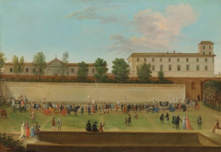 Rome, a view of the gardens of Palazzo Barberini, with elegantly dressed figures watching a game of 'Palla a Bracciale'