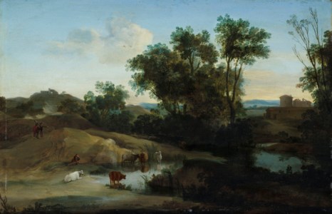 An Italianate landscape with figures and cattle by a pool