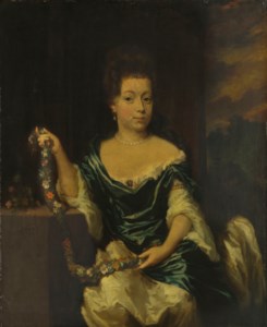 Portrait of a woman seated at a table holding a garland of flowers, three-quarter-length, a view into a landscape beyond