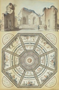 View of the octagonal hall in the Baths of Otricoli and its floor mosaic