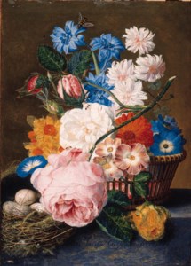 Roses, morning glory, narcissi, aster, and other flowers in a basket, with eggs in a nest on a marble ledge
