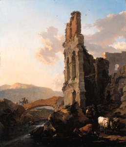 An Italianate river landscape with herdsmen by the ruins of an amphitheatre, and peasants crossing a bridge