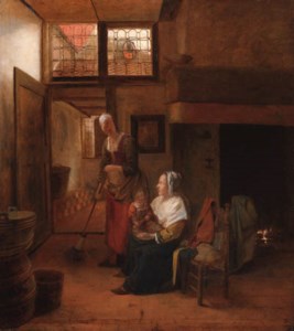 A mother and child with a serving woman in an interior, a hallway beyond