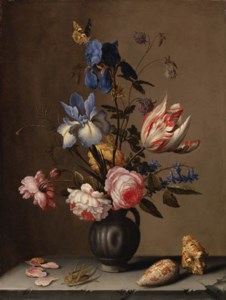 Balthasar van der Ast, Irises, roses, columbine, hyacinth and a tulip in a black pottery pitcher, with seashells and a grasshopper on a stone ledge