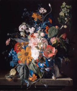 Poppies, hollyhock, morning glory, viola, daisies, sweet pea, marigolds and other flowers in a vase with a snail on a ledge
