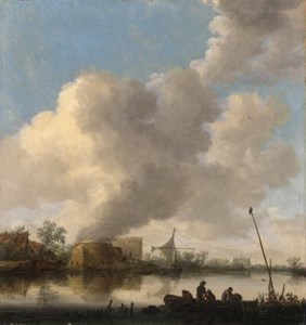 JAN JOSEFSZ. VAN GOYEN, A river landscape with fishermen in a rowing boat, a lime kilm, farmhouses and a church beyond