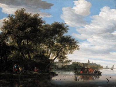 Salomon van Ruysdael, A view of the River Vecht, with a ferry and fishermen unloading their boat, Nijenrode castle beyond