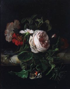 A sprig of damask roses, a white and red carnation and a thistle, tied with a blue ribbon, with a red admiral, on a stone ledge