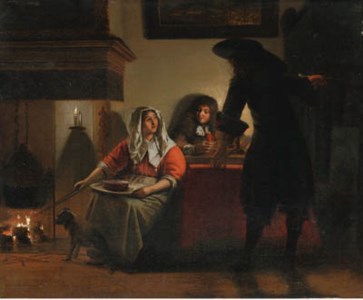 An interior with two gentlemen and a woman beside a fire