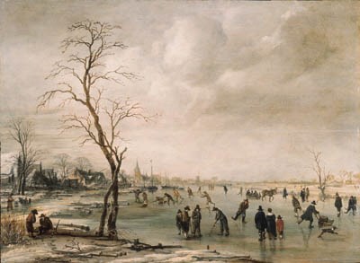 Aert van der Neer, A winter landscape with townsfolk skating and playing kolf on a frozen river, a town beyond