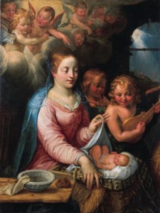 The Virgin and Child with music-making angels and the Annunciation to the Shepherds beyond