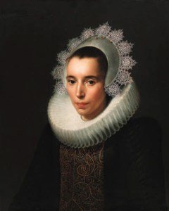 Portrait of a lady, half-length, in a black dress with a gold-embroidered black stomacher, in a ruff and lace headdress