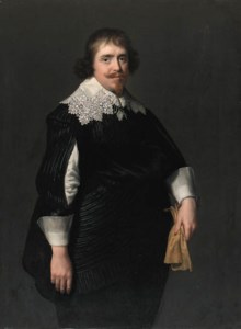 Portrait of a gentleman, three-quarter-length, in a black doublet with slashed sleeves, black hose and sash, his gloves in his left hand; and Portrait of a lady, three-quarter-length, in an embroidered black dress with lace cuffs and ruff, wearing a gold necklace, a fan in her right hand